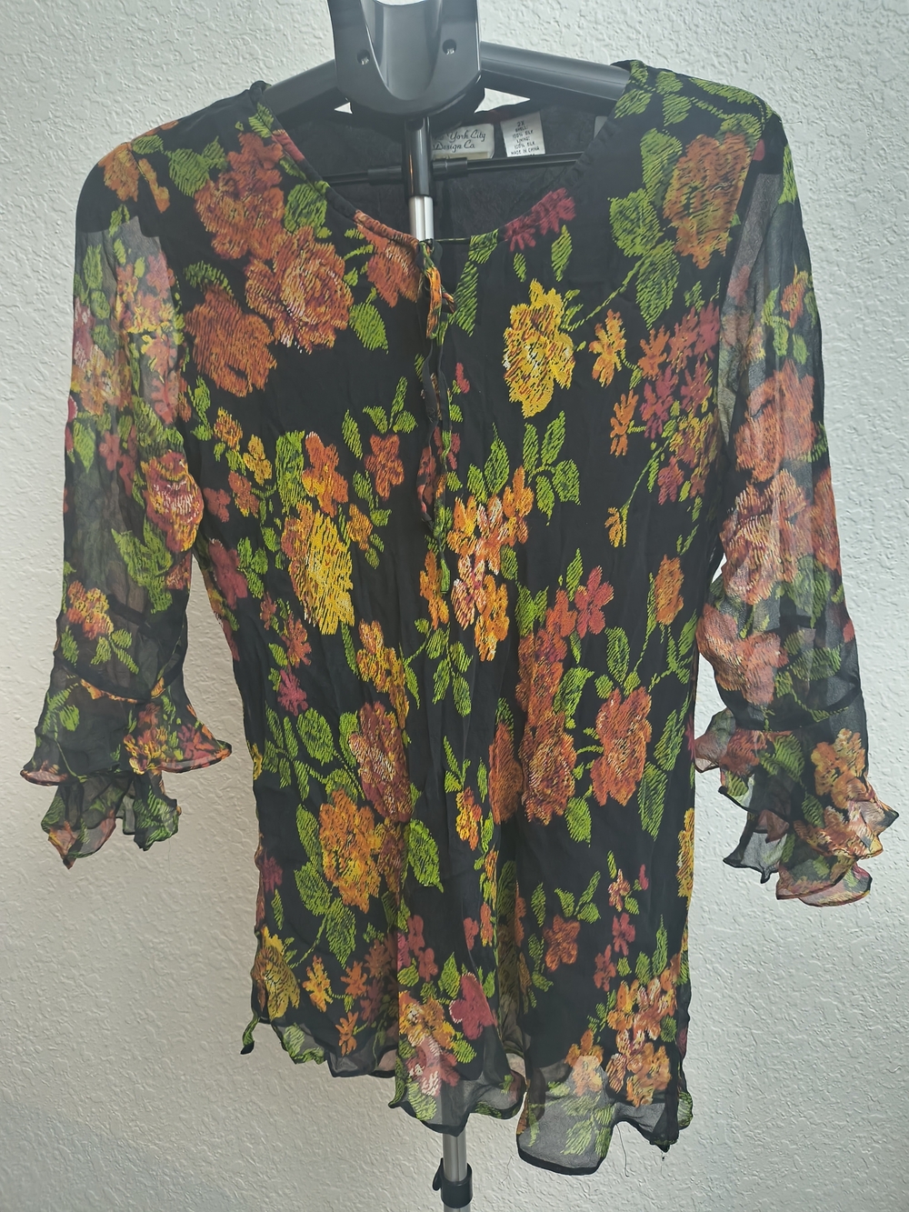 [2XL] 100% Silk Lightweight Black Floral Blouse~ NYC Design Co.